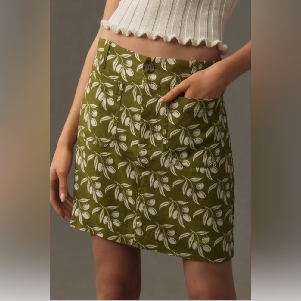 New Anthropologie The Colette Linen Mini Skirt Printed High Rise Green White XS - Picture 2 of 12